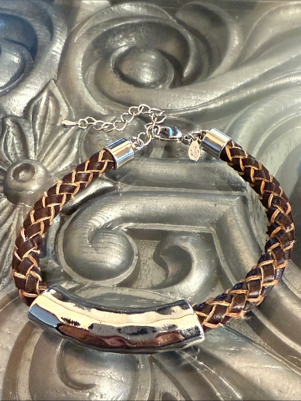 Premier Designs Braided Brown Leather Bracelet with Silver Accent